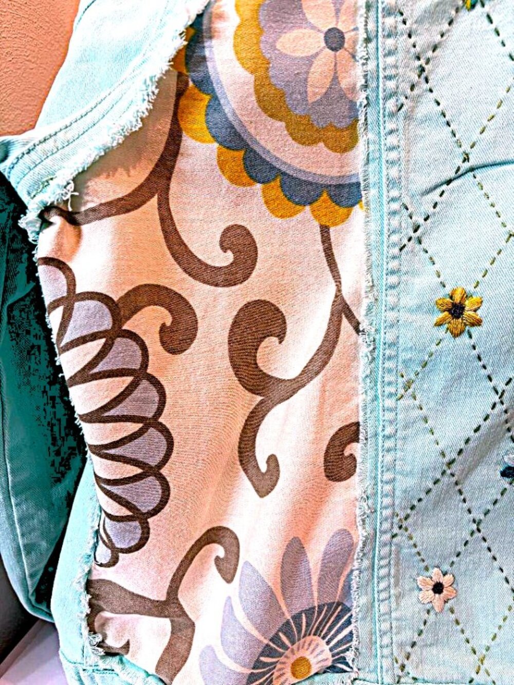 Women's Plus size Bohemian Hand Embroidered Frayed Mint Green Denim Jacket XXL - Picture 7 of 9